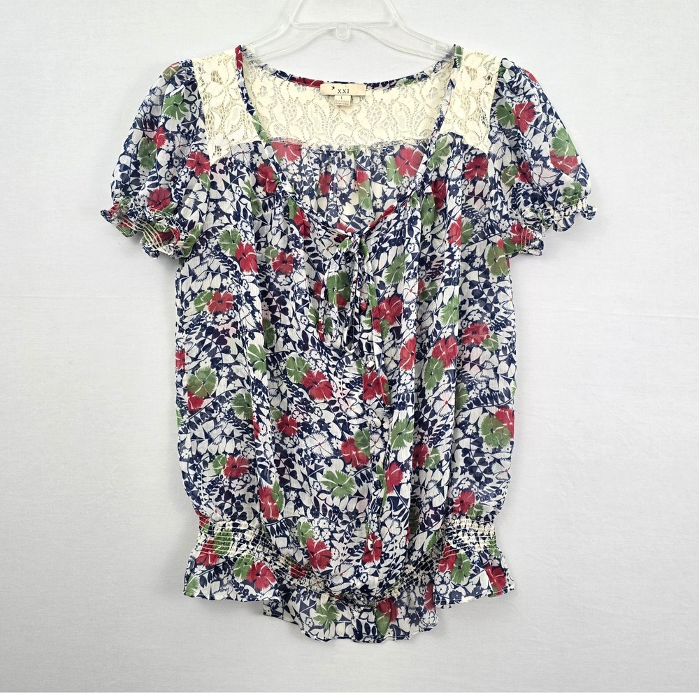 XXI Elastic Waist Lace Tie Neckline Sheer Floral Print Women Shirt Blue White L